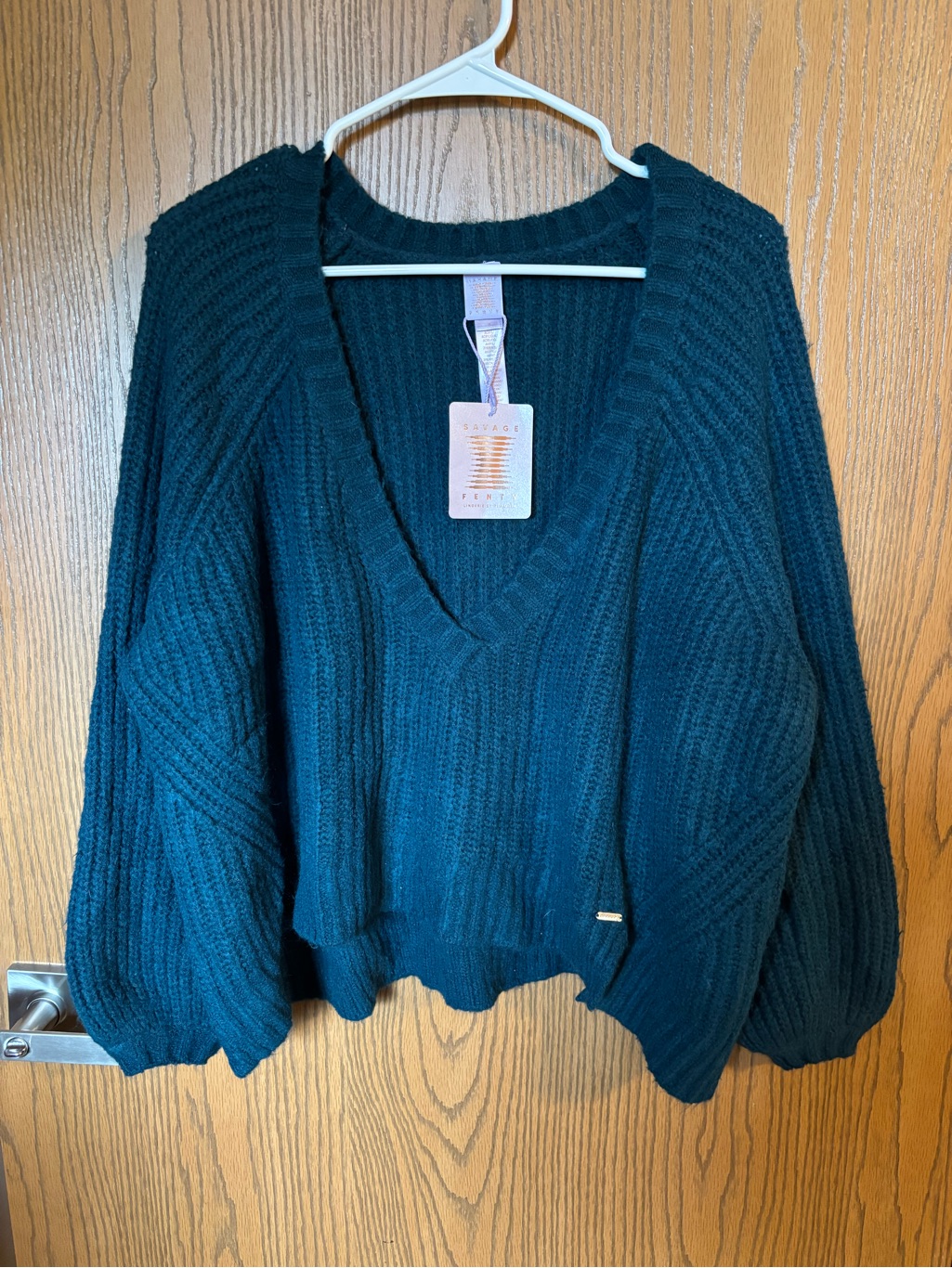 Deep Teal Oversized V-Neck Ribbed Sweater - Women